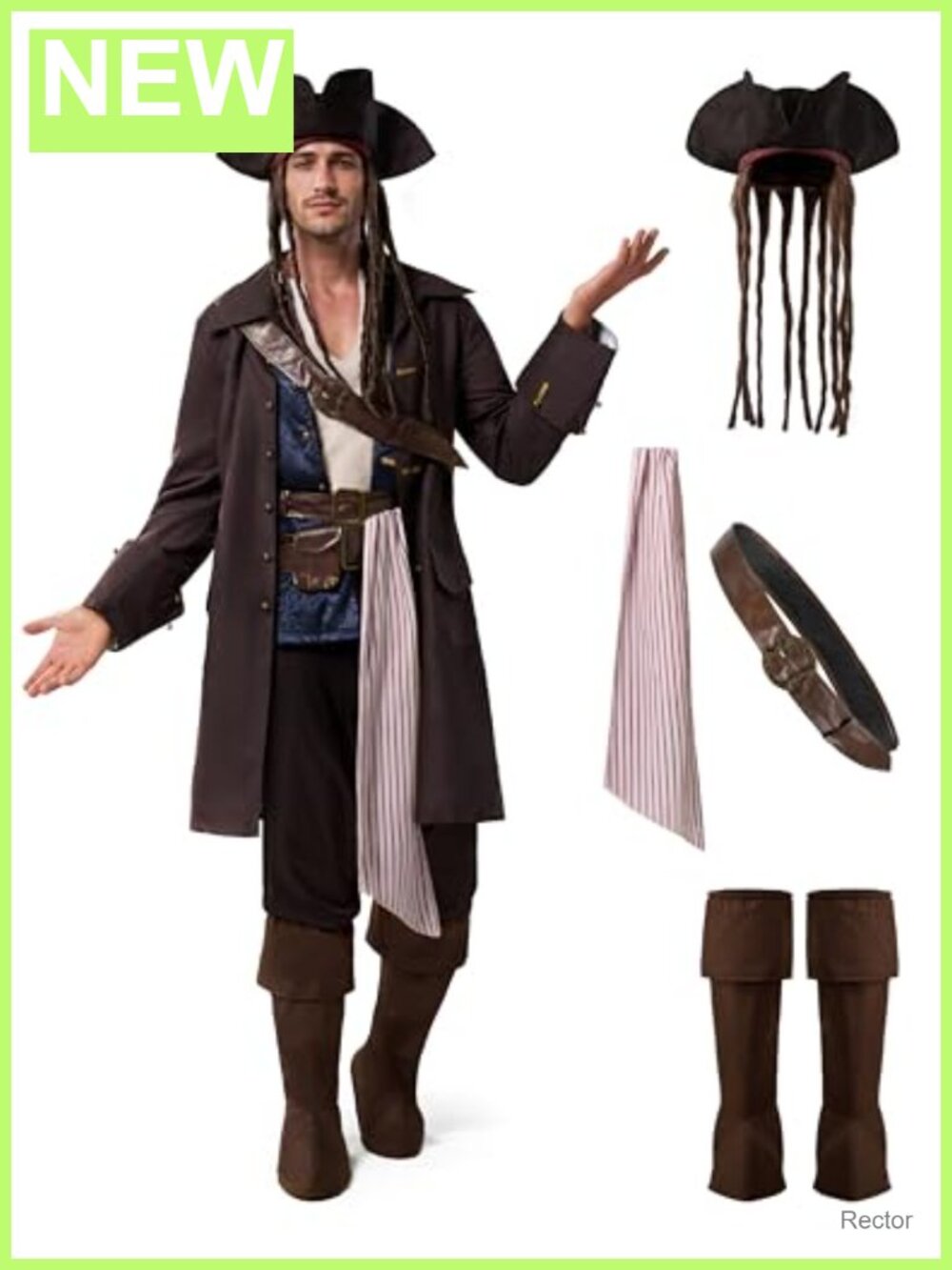Men's Pirate Captain Costume Set with Tricorn Hat and Boot Covers